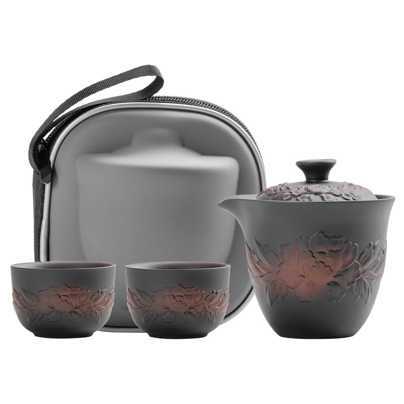 紫陶牡丹花旅行茶具