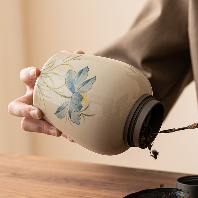 草木灰藍荷花茶葉罐