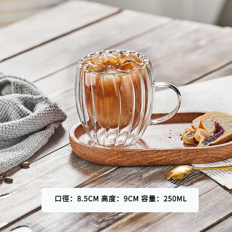 Ins 咖啡館餐廳創意條紋帶把雙層玻璃咖啡杯