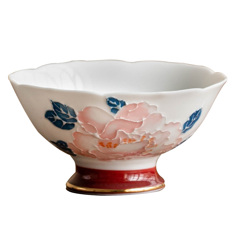 手繪描金牡丹花花邊茶杯