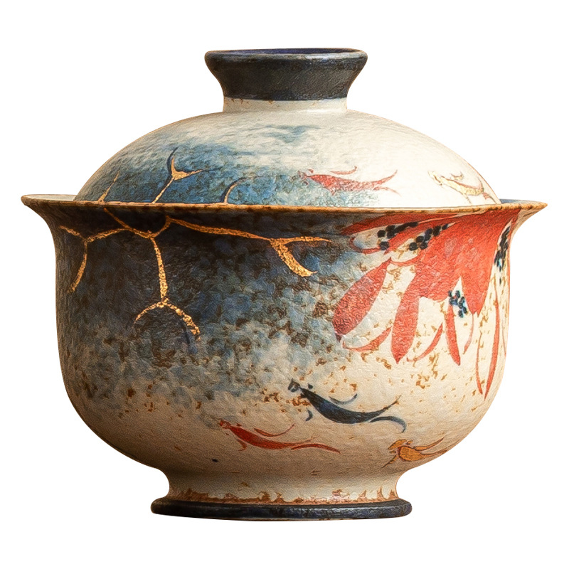 青花火石紅荷韻蓋碗