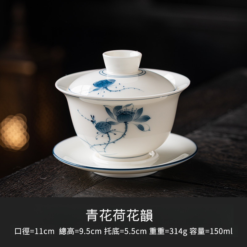 手繪羊脂玉懸停三才蓋碗