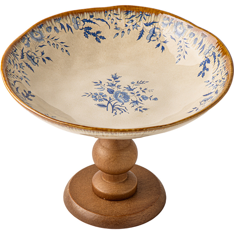 復古木質高腳陶瓷盤