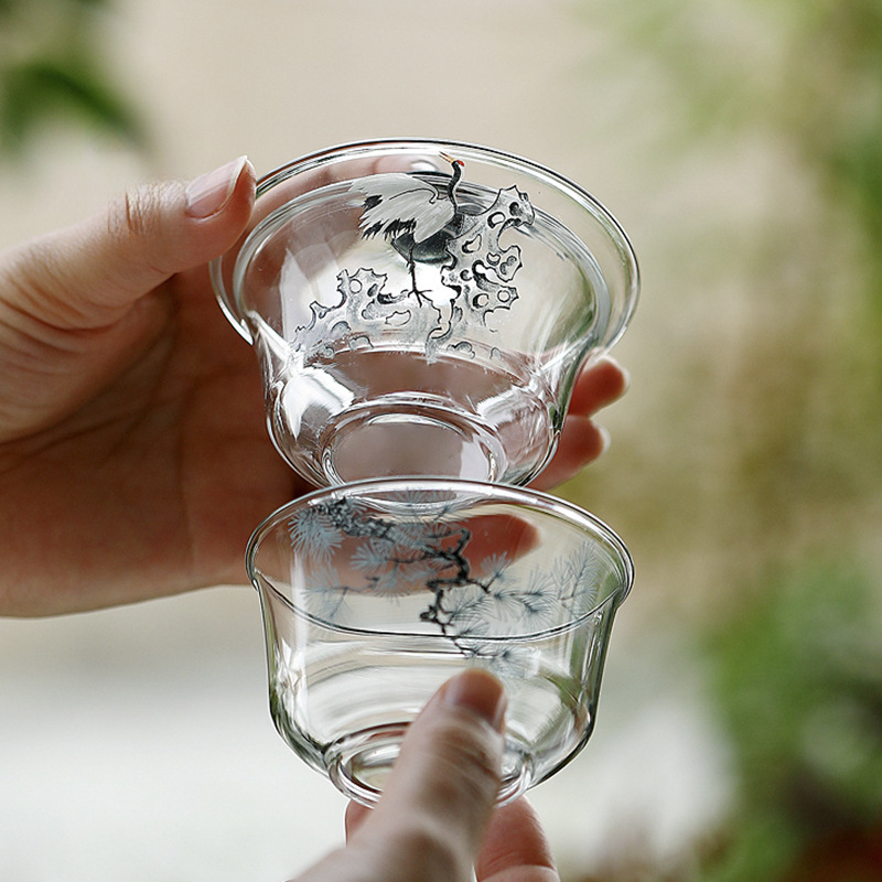 松鶴耐熱玻璃蓋碗茶杯