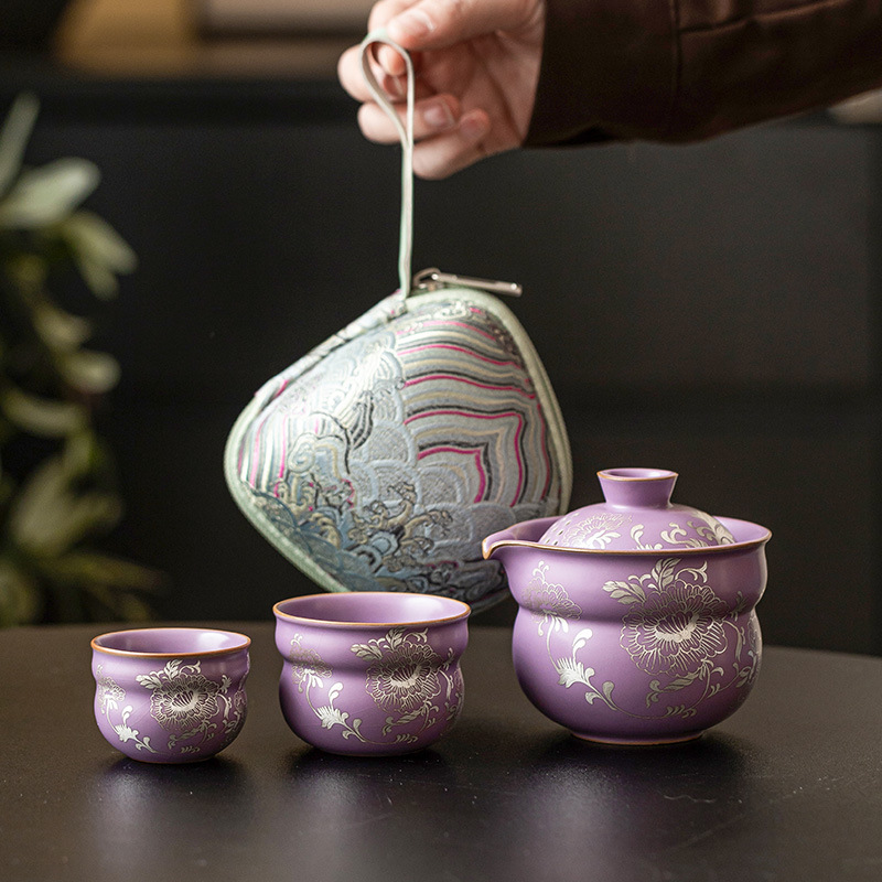 描銀牡丹旅行茶具