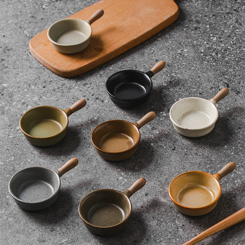 日式粗陶帶柄蘸料碟