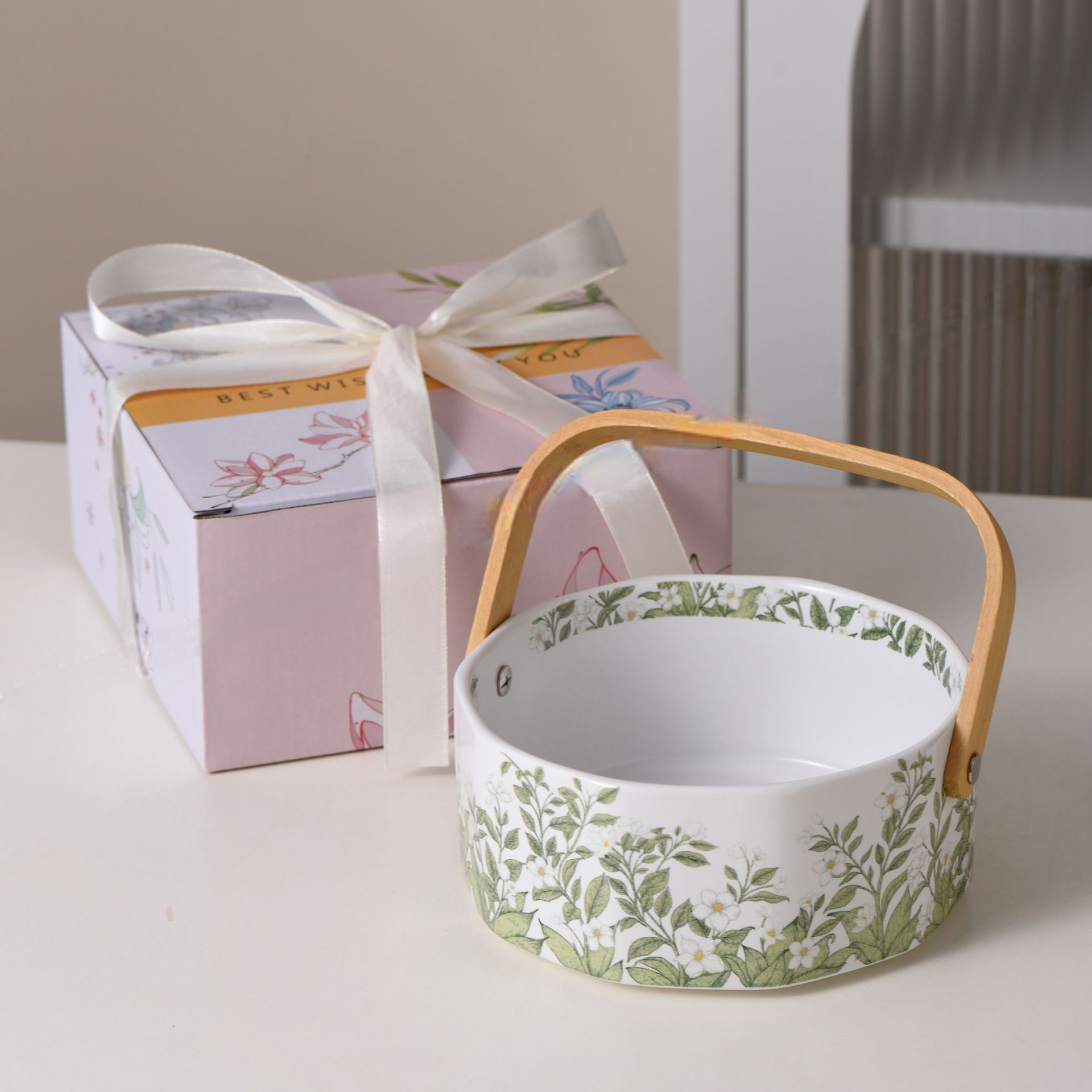 茉莉花手提陶瓷水果籃