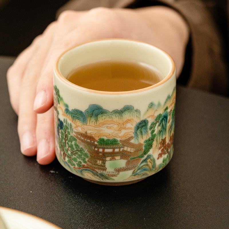 五彩山水直筒品茗杯