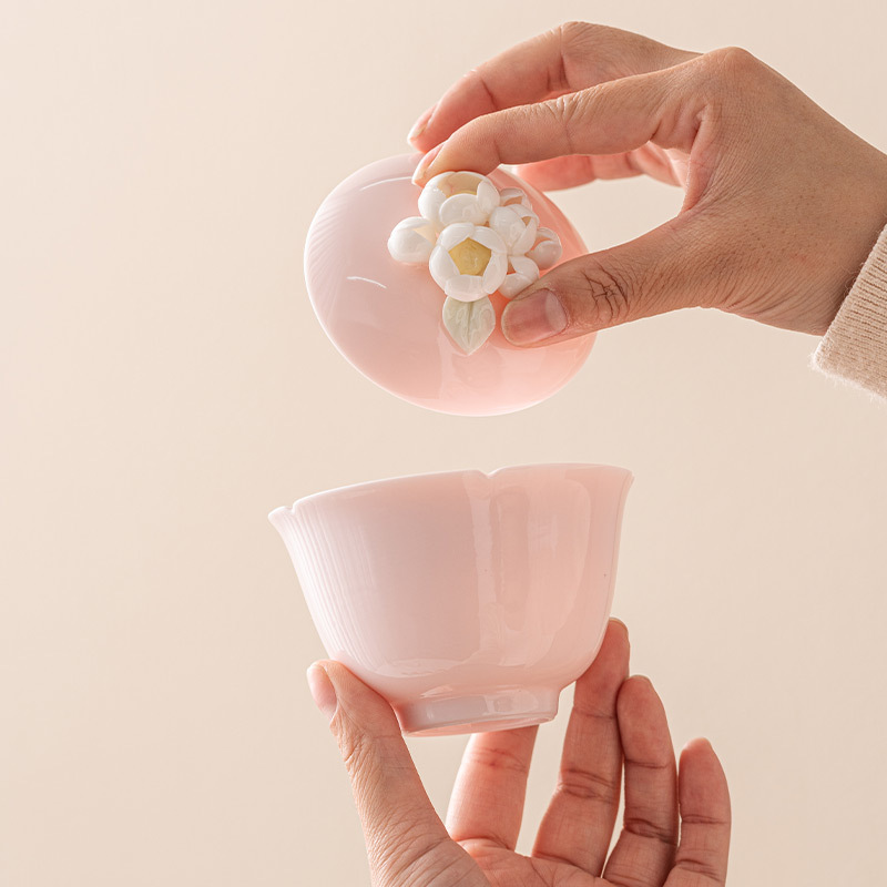 桃粉捏花三才蓋碗茶杯