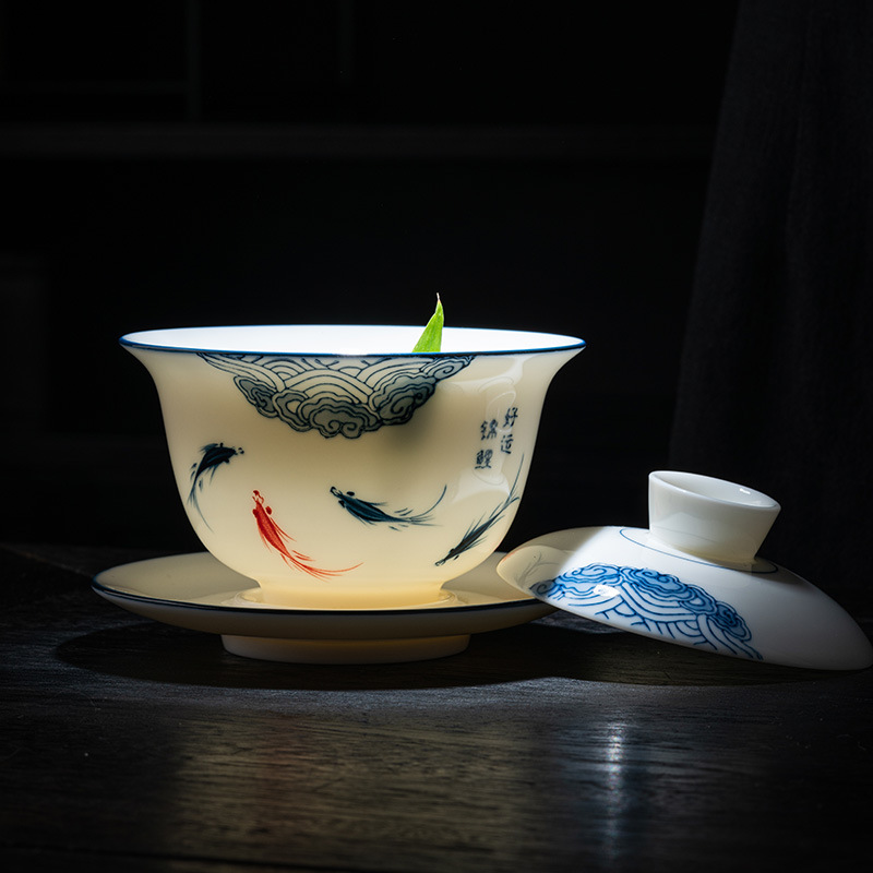 手繪羊脂玉懸停三才蓋碗