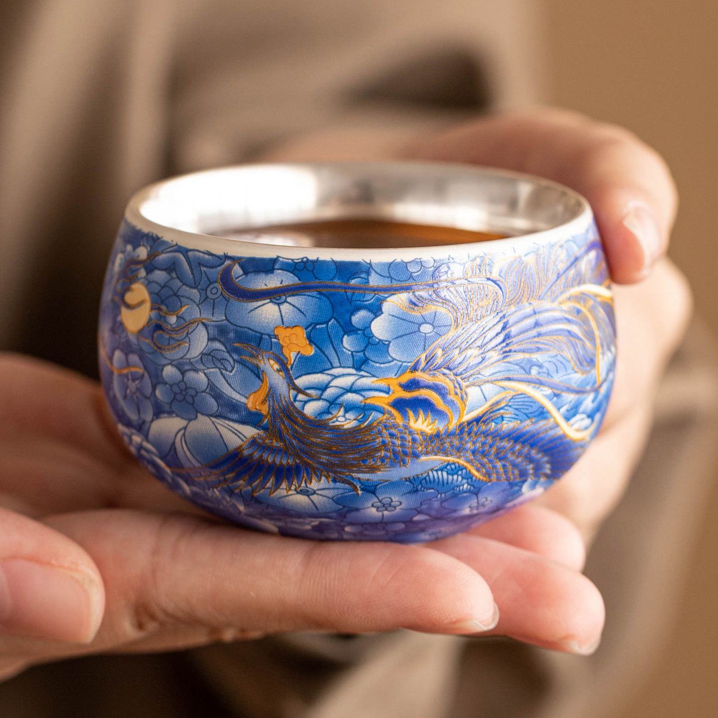 鎏銀青花龍鳳禪定杯