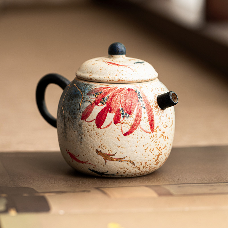 青花火石描金手繪荷韻錦鯉泡茶壺