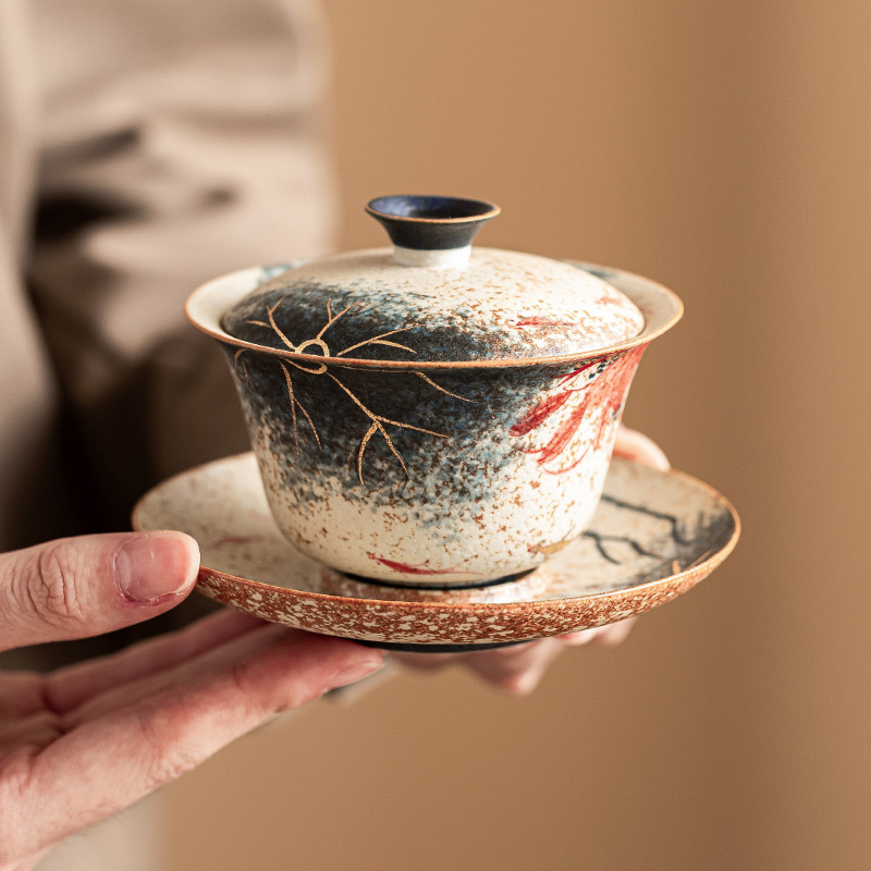 青花火石手繪荷韻錦鯉三才蓋碗