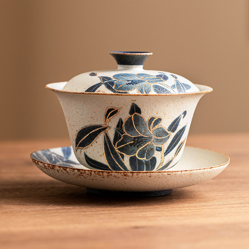 青花火石紅三才蓋碗