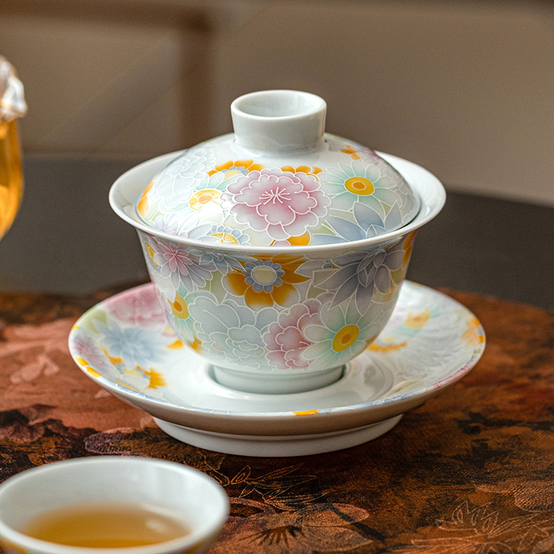 仿古釉萬花三才蓋碗