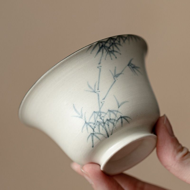 粉引白手繪墨竹蓋碗
