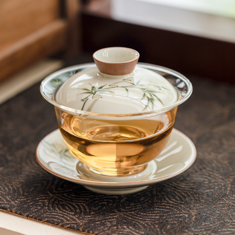 手繪翠綠文竹蓋碗