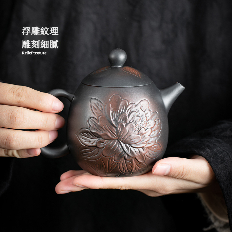 紫陶牡丹茶壺