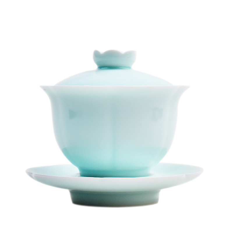 青瓷手工刻花三才蓋碗杯