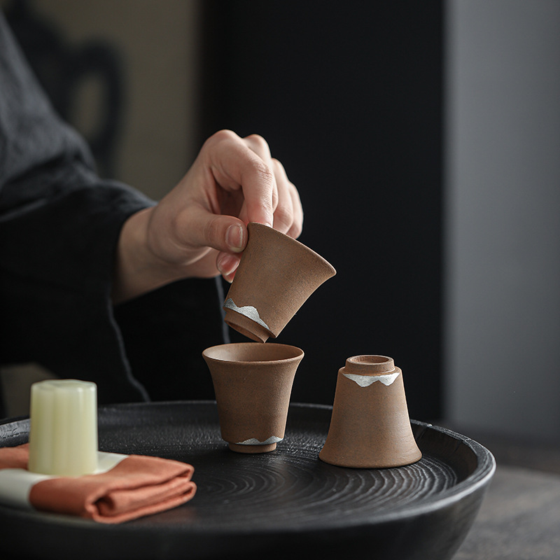 老岩泥手工復古刷銀寬口小杯