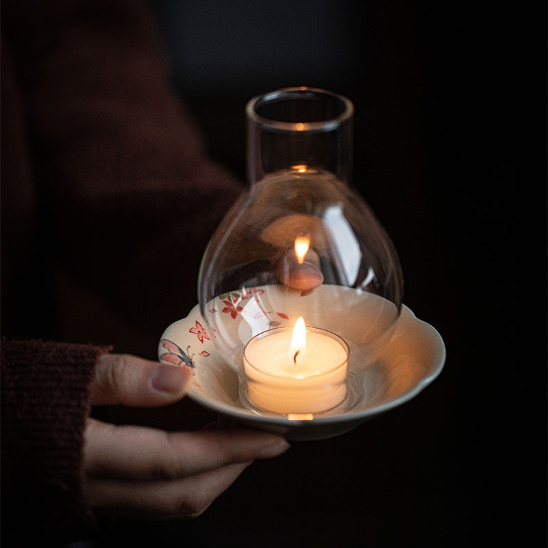手繪蝴蝶梅花玻璃燈罩陶瓷燭臺