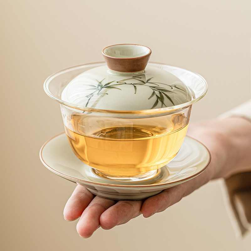 手繪翠綠文竹蓋碗