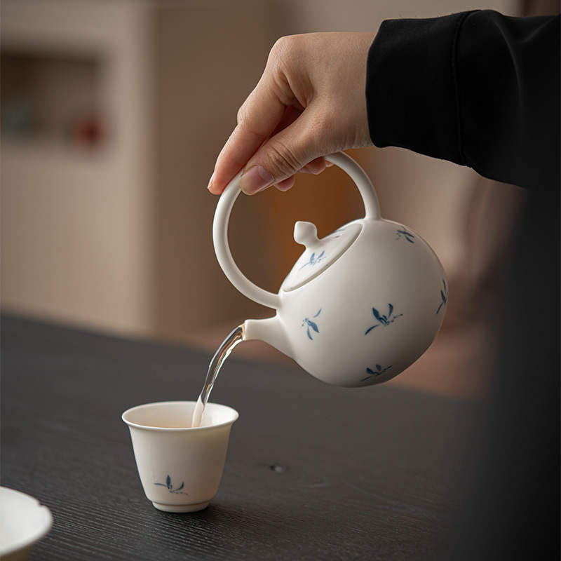 日式啞光手繪秋水蘭花提梁壺