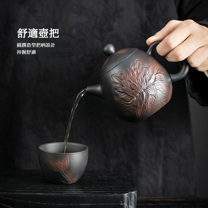 紫陶牡丹茶壺