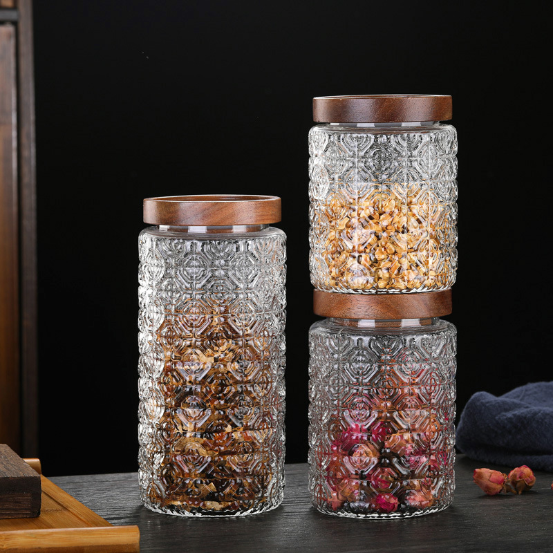 復古九宮格玻璃密封罐食品級浮雕儲物罐子零食乾果收納罐茶葉罐