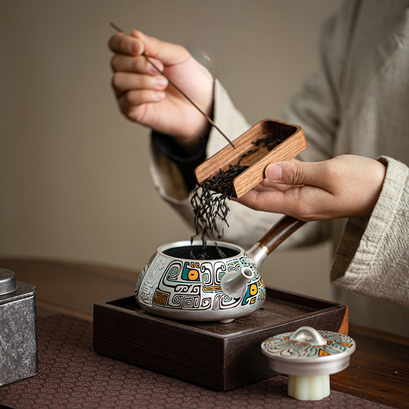 日式側把茶壺金銀錯