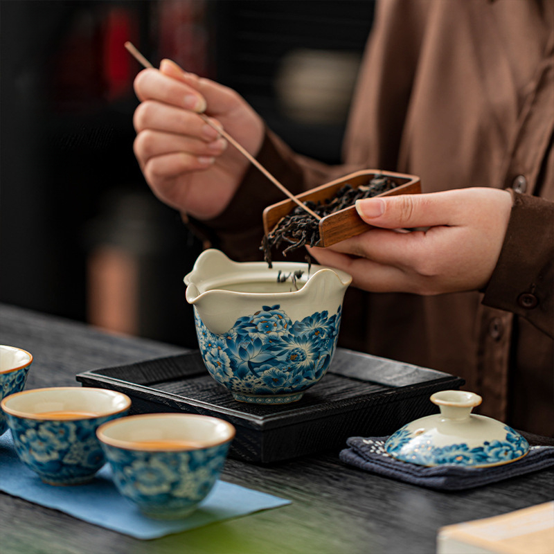 汝窑青花瓷快客杯戶外隨身一壺三杯