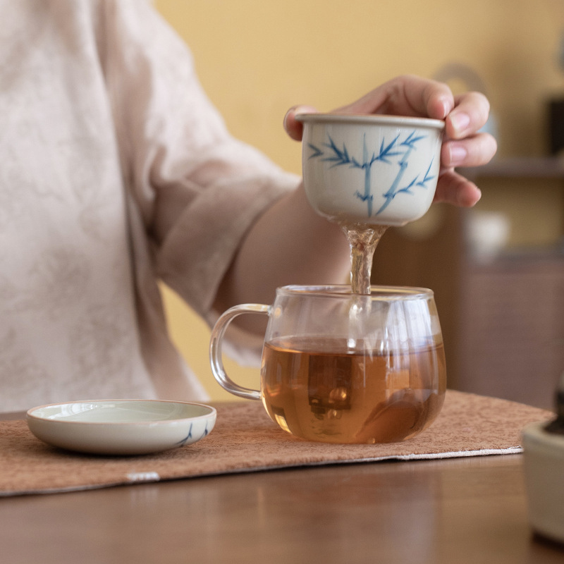 手繪竹子釉下彩帶蓋玻璃泡茶杯