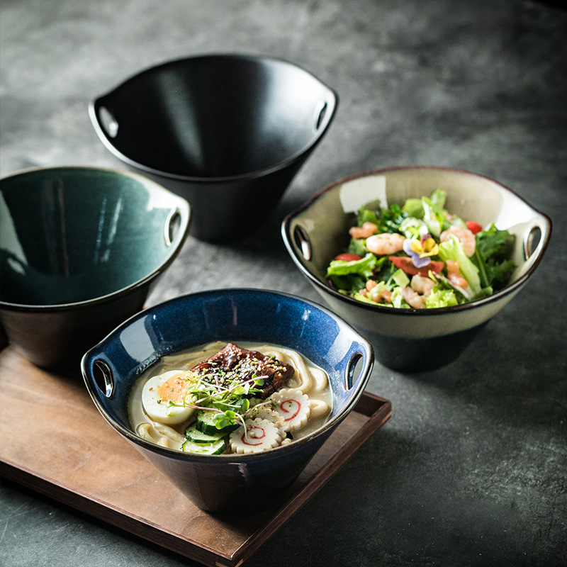 日式復古窯變釉帶孔泡面碗