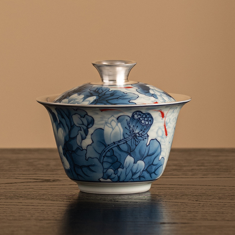 青花鎏銀養生茶壺