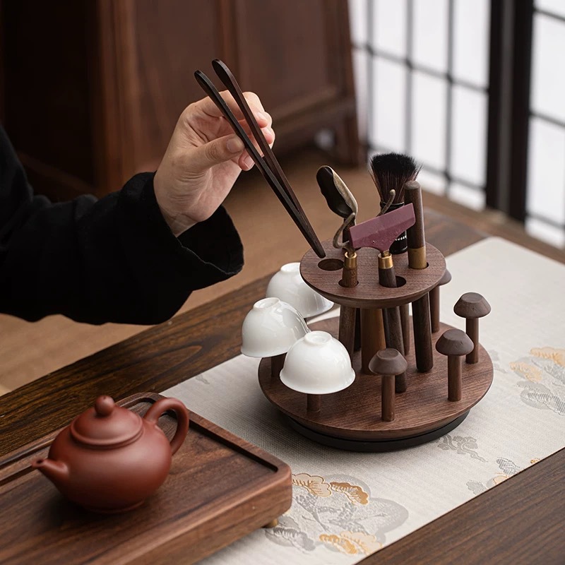 胡桃木茶道六君子旋轉杯架一體套裝