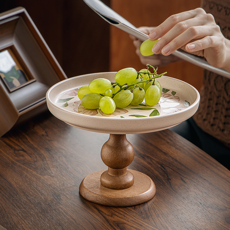 復古粉芙蓉木質高腳果盤