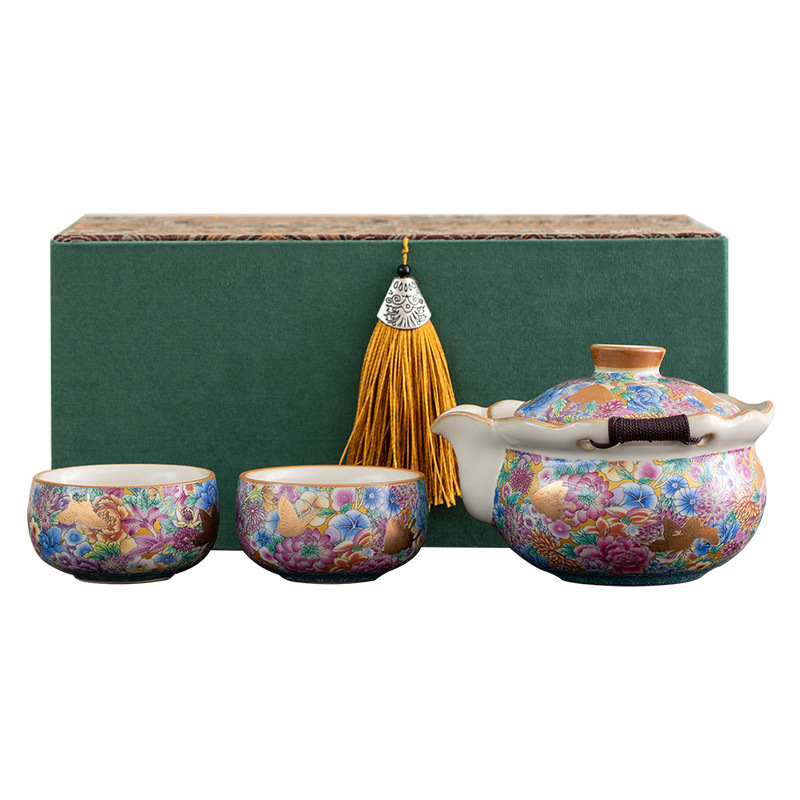 琺瑯彩萬花手抓壺套裝