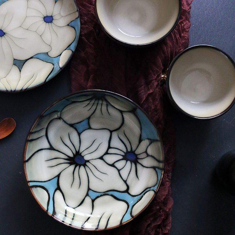 日式復古百合手繪碗盤