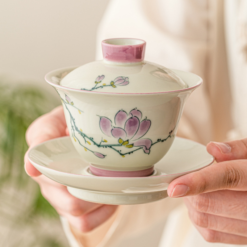 手繪玉蘭花三才蓋碗