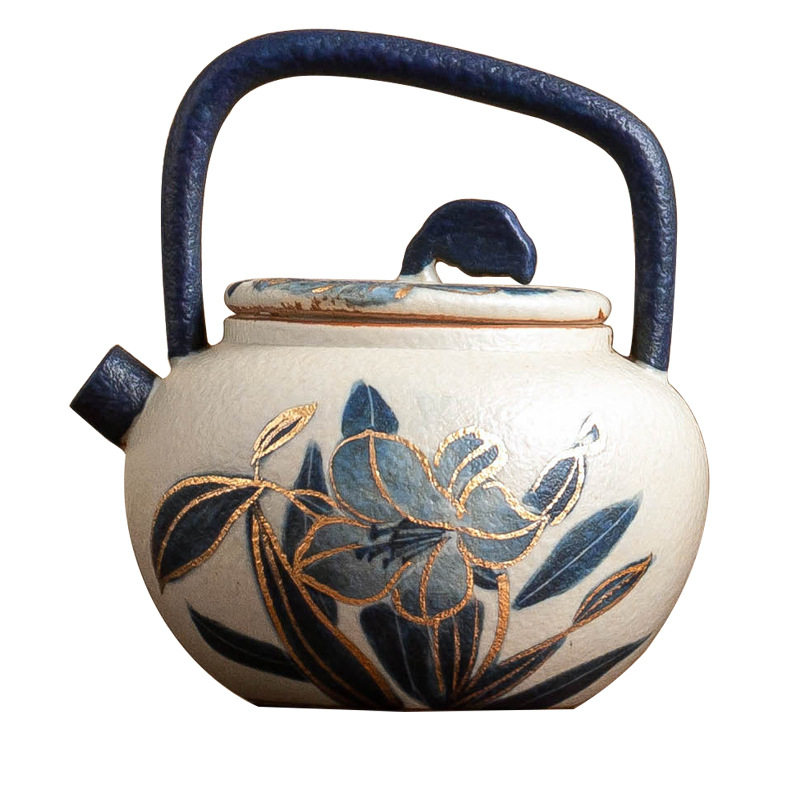 青花火石紅描金提梁壺