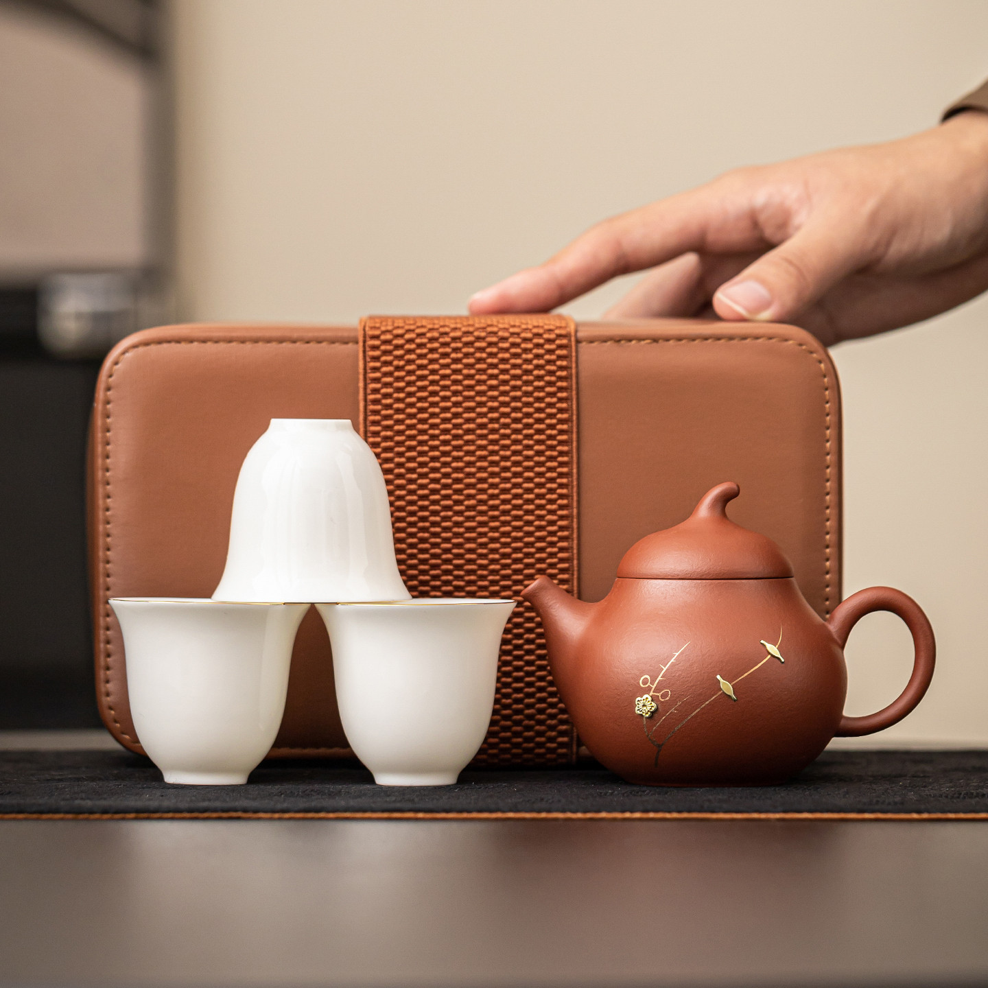 鋦釘梅花枝便攜式旅行茶具一壺三杯
