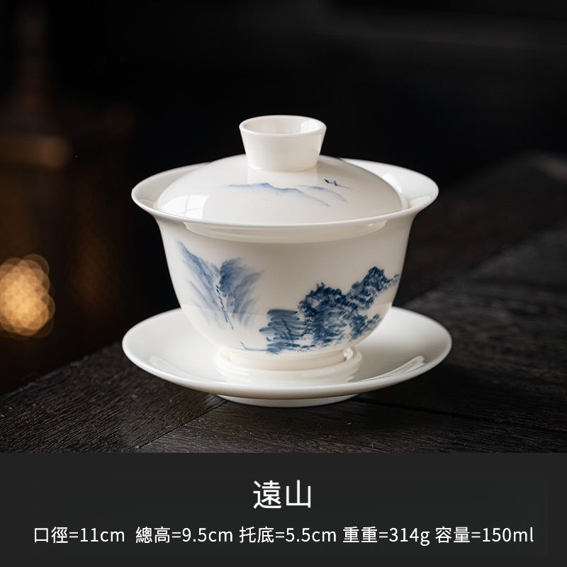 手繪羊脂玉懸停三才蓋碗