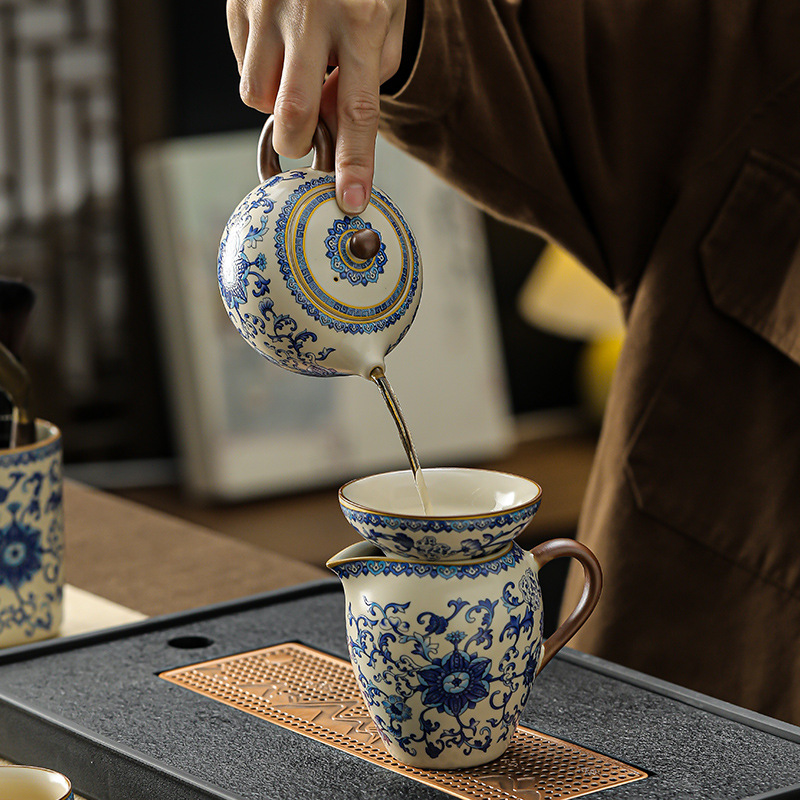 汝窯青花纏枝蓮西施壺蓋碗茶具套裝