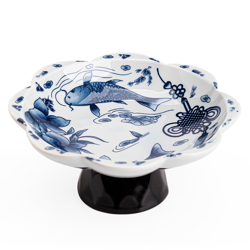 中式復古青花高腳茶點盤水果盤