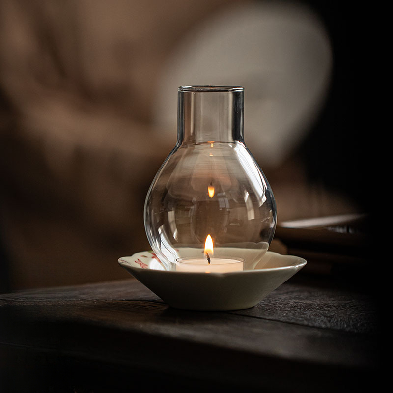 手繪蝴蝶梅花玻璃燈罩陶瓷燭臺