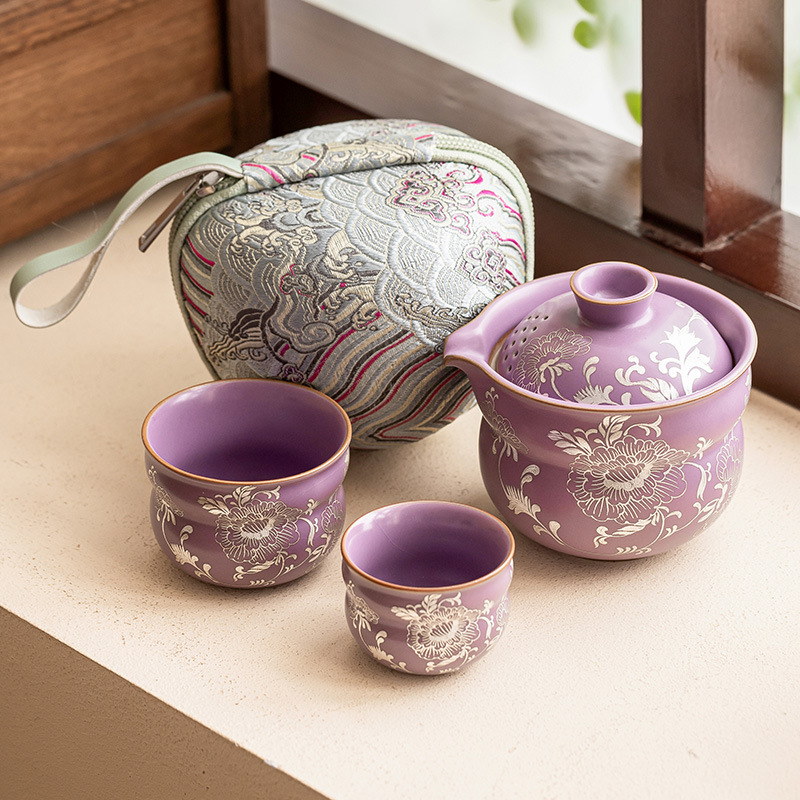描銀牡丹旅行茶具