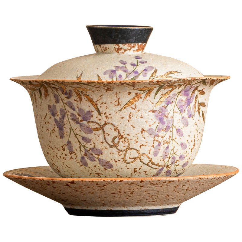 青花火石紅紫藤花三才蓋碗