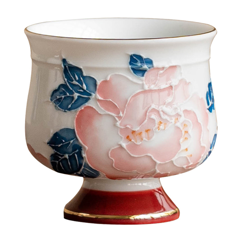 手繪描金牡丹高足茶杯