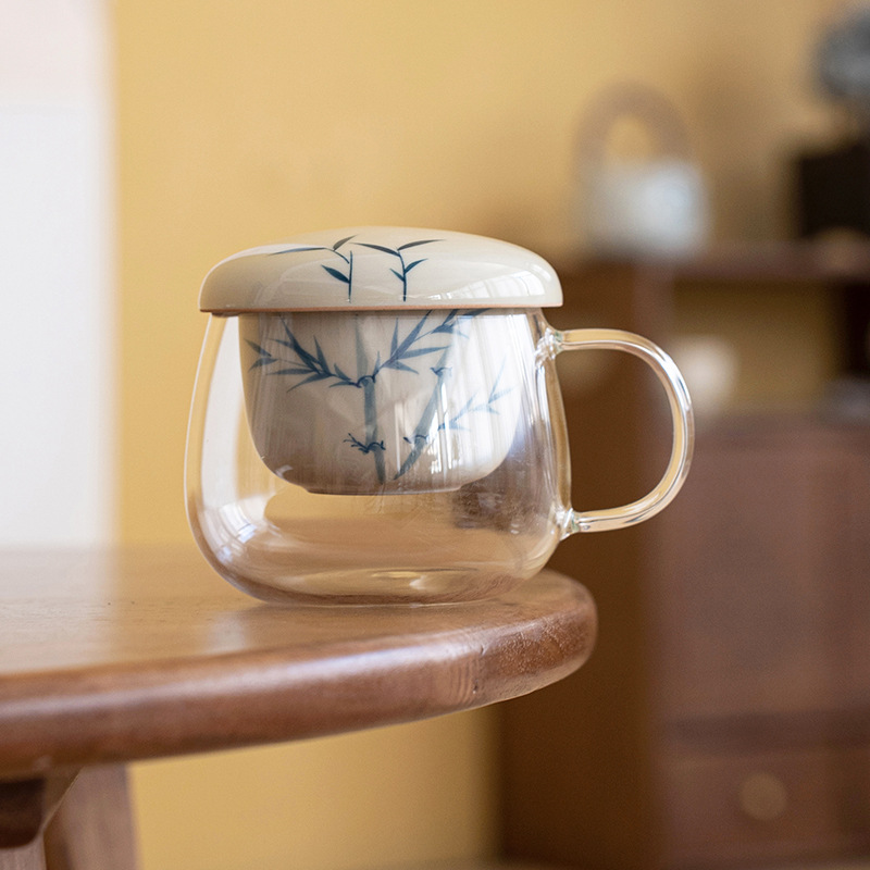 手繪竹子釉下彩帶蓋玻璃泡茶杯