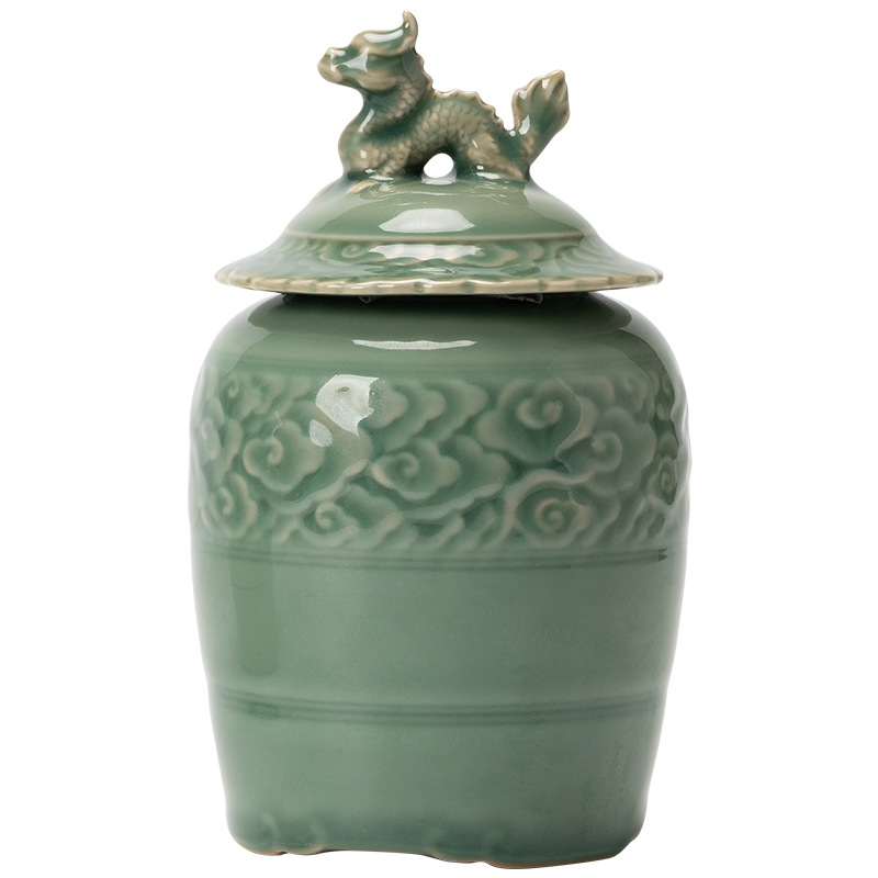 復古越窯青瓷龍騰四海茶葉罐